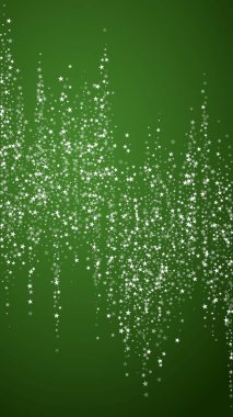 Güzel kar yağışı arkaplanı. İnce uçan kar taneleri ve yeşil arka plandaki yıldızlar. Güzel kar yağışı şablonu. Dikey vektör illüstrasyonu.