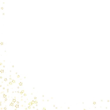 Parıldayan yıldızlar rastgele dağılmış, uçuyor, düşüyor, yüzüyor. Noel kutlaması kavramı. Beyaz arkaplanda şenlikli yıldız vektör çizimi.