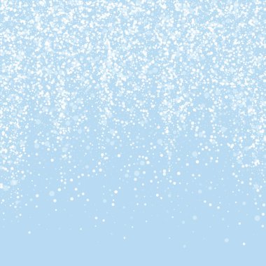 Karlı bir Noel geçmişi var. Hafif uçan kar taneleri ve açık mavi kış arka planındaki yıldızlar. Narin, tatlı, karlı bir Noel. Kare vektör illüstrasyonu.