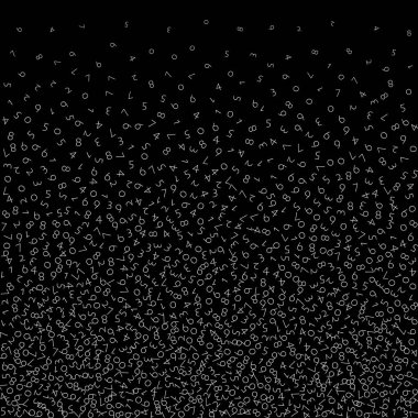 Düşen sayılar, büyük veri konsepti. Çift beyaz düzensiz uçan parmaklar. Siyah arkaplandaki fütüristik afiş hoşunuza gidiyor. Düşen sayılarla dijital illüstrasyon.