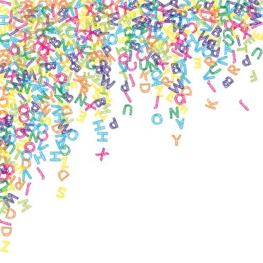 İngilizce 'nin harfleri düşüyor. Latin alfabesinin renkli çizimleri. Yabancı diller öğrenim kavramı. Beyaz arkaplandaki okul afişine kusursuz dönüş.