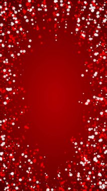 Karlı bir Noel geçmişi var. İnce uçan kar taneleri ve kırmızı arka plandaki yıldızlar. Narin, tatlı, karlı bir Noel. Dikey vektör illüstrasyonu.