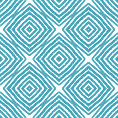 Tekrar eden mayo tasarımı. Turkuaz simetrik kaleydoskop arka planı. Tekstil hazır enerjik baskı, mayo kumaş, duvar kağıdı, ambalaj. Yaz şapkası süsleme deseni.
