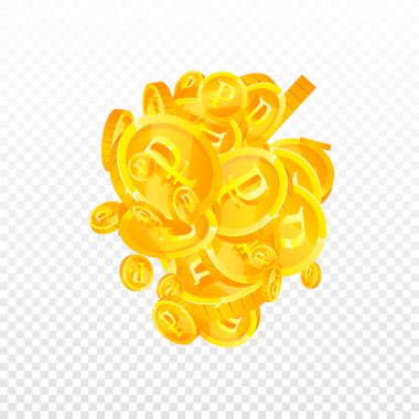 Russian ruble coins falling. Scattered gold RUB coins. Russia money. Global financial crisis concept. Square vector illustration.