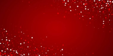 Güzel kar yağışı arkaplanı. İnce uçan kar taneleri ve kırmızı arka plandaki yıldızlar. Güzel kar yağışı şablonu. Geniş vektör illüstrasyonu.