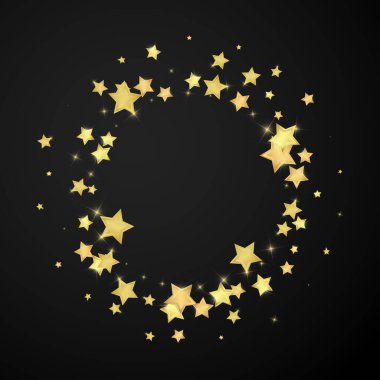 Sihirli yıldızlar vektör kaplaması. Altın yıldızlar rasgele etrafa saçılmış, düşüyor, yüzüyor. Kaotik rüya gibi çocuksu bir şablon. Siyah arkaplanda mucizevi yıldızlı gece vektörü.