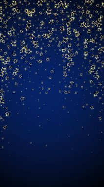 Altın parıldayan yıldız konfetisi. Kaotik rüya gibi çocuksu bir şablon. Koyu mavi arkaplanda kutlama yıldızları vektör illüstrasyonu.