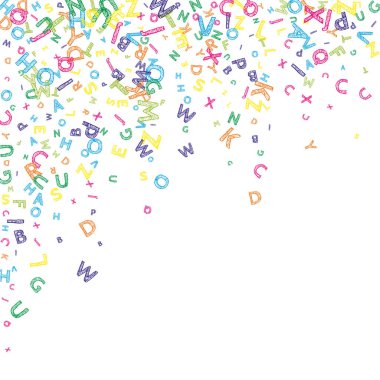 İngilizce 'nin harfleri düşüyor. Latin alfabesinin renkli, dağınık, uçan kelimeleri. Yabancı diller öğrenim kavramı. Beyaz arkaplandaki okul afişine geri dön.