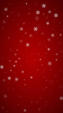 Güzel kar yağışı arkaplanı. İnce uçan kar taneleri ve kırmızı arka plandaki yıldızlar. Güzel kar yağışı şablonu. Dikey vektör illüstrasyonu.