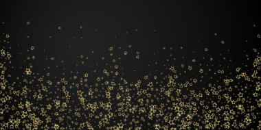Altın parıldayan yıldız konfetisi. Kaotik rüya gibi çocuksu bir şablon. Siyah arkaplanda kutlama yıldızları vektör çizimi.