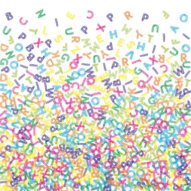 İngilizce 'nin harfleri düşüyor. Latin alfabesinin renkli çizimleri. Yabancı diller öğrenim kavramı. Özgün olarak beyaz arkaplandaki okul afişine.