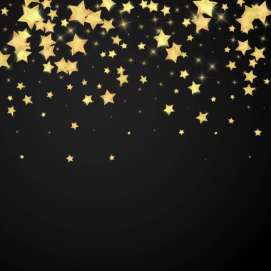 Sihirli yıldızlar vektör kaplaması. Altın yıldızlar rasgele etrafa saçılmış, düşüyor, yüzüyor. Kaotik rüya gibi çocuksu bir şablon. Siyah arkaplan üzerine vektör büyüsü.