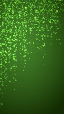 Sihirli kar yağışı arkaplanı. İnce uçan kar taneleri ve yeşil arka plandaki yıldızlar. Sihirli yağan kar tatili manzarası. Dikey vektör illüstrasyonu.