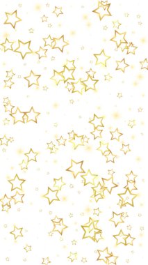 Altın parıldayan yıldız konfetisi. Kaotik rüya gibi çocuksu bir şablon. Beyaz arkaplanda şenlikli yıldız vektör çizimi.