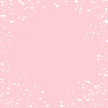 Sevgililer Günü için uçan kalpler. Beyaz kalpler pembe arka plana saçılmış. Güzel uçan kalpler vektör illüstrasyonu.