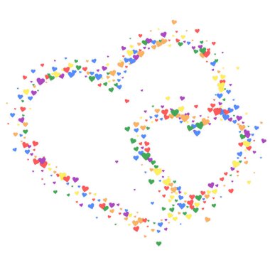 Kalp konfetisi sevgililer günü kaplaması. Gökkuşağı renkli dağınık kalpler. LGBT sevgililer günü kartı. Joyfull Heart konfeti vektör çizimi