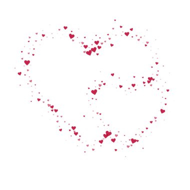 Sevgililer Günü için uçan kalpler. Kırmızı kalpler beyaz arka plana saçılmış. Güzel uçan kalpler vektör illüstrasyonu.