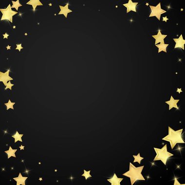 Sihirli yıldızlar vektör kaplaması. Altın yıldızlar rasgele etrafa saçılmış, düşüyor, yüzüyor. Kaotik rüya gibi çocuksu bir şablon. Siyah arka planda sihirli yıldızlı büyüleyici vektör.