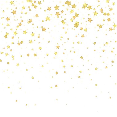 Sihirli yıldızlar vektör kaplaması. Altın yıldızlar rasgele etrafa saçılmış, düşüyor, yüzüyor. Kaotik rüya gibi çocuksu bir şablon. Beyaz arka planda sihirli yıldızlı büyüleyici vektör.