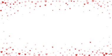 Sevgililer günü kalpleri, uçmak, düşmek, süzülmek. Kırmızı kalpler beyaz arka plana saçılmış. Sevimli sevgililer günü vektör illüstrasyonu.