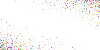 Düşen kalpler sevgililer günü kartı şablonu. Gökkuşağı renkli dağınık kalpler. LGBT sevgililer günü kartı. Kaotik düşen kalpler vektör illüstrasyonu.