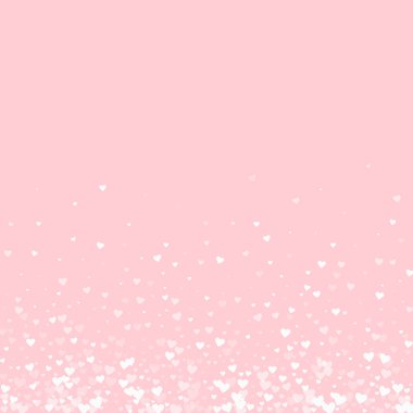 Sevgililer Günü için uçan kalpler. Beyaz kalpler pembe arka plana saçılmış. Güzel uçan kalpler vektör illüstrasyonu.