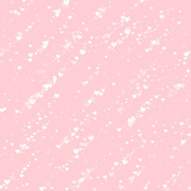 Sevgililer Günü için uçan kalpler. Beyaz kalpler pembe arka plana saçılmış. Güzel uçan kalpler vektör illüstrasyonu.