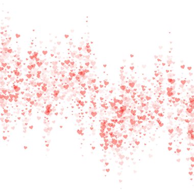 Sevgililer günü kalpleri, uçmak, düşmek, süzülmek. Kırmızı kalpler beyaz arka plana saçılmış. Sevimli sevgililer günü vektör illüstrasyonu.