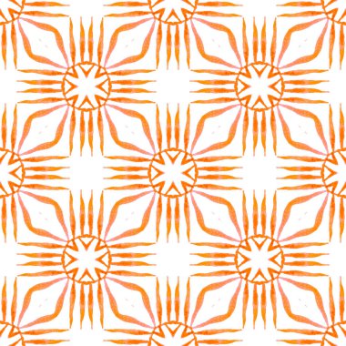 Etnik elle boyanmış desen. Turuncu alışılmadık boho şık yaz tasarımı. Tekstil hazır orijinal baskı, mayo kumaş, duvar kağıdı, ambalaj. Suluboya yaz etnik sınır düzeni.