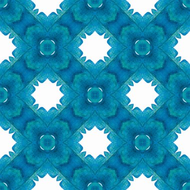 Tekstil hazır radyan baskı, mayo kumaş, duvar kağıdı, ambalaj. Mavi zarif boho şık yaz tasarımı. Mozaik kusursuz desen. El çizimi yeşil mozaik pürüzsüz sınır.