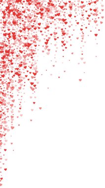 Sevgililer Günü için uçan kalpler. Kırmızı kalpler beyaz arka plana saçılmış. Güzel uçan kalpler vektör illüstrasyonu.