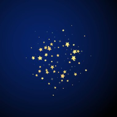 Sihirli yıldızlar vektör kaplaması. Altın yıldızlar rasgele etrafa saçılmış, düşüyor, yüzüyor. Kaotik rüya gibi çocuksu bir şablon. Koyu mavi arkaplanda vektör büyüsü.