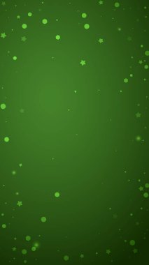 Yılbaşı arkaplanında kar taneleri yağıyor. İnce uçan kar taneleri ve yeşil arka plandaki yıldızlar. Çok güzel düşen kar taneleri. Dikey vektör illüstrasyonu.