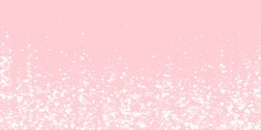 Düşen kalpler sevgililer günü kartı şablonu. Beyaz kalpler pembe arka plana saçılmış. Kaotik düşen kalpler vektör illüstrasyonu.