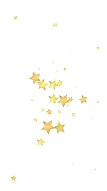 Sihirli yıldızlar vektör kaplaması. Altın yıldızlar rasgele etrafa saçılmış, düşüyor, yüzüyor. Kaotik rüya gibi çocuksu bir şablon. Beyaz arka planda sihirli yıldızlı büyüleyici vektör.