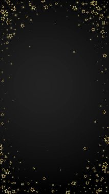 Altın parıldayan yıldız konfetisi. Kaotik rüya gibi çocuksu bir şablon. Siyah arkaplanda kutlama yıldızları vektör çizimi.