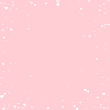 Sevgililer Günü için uçan kalpler. Beyaz kalpler pembe arka plana saçılmış. Güzel uçan kalpler vektör illüstrasyonu.