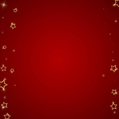 Parıldayan yıldızlar rastgele dağılmış, uçuyor, düşüyor, yüzüyor. Noel kutlaması kavramı. Kırmızı arkaplanda kutlama yıldızları vektör çizimi.
