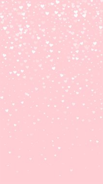 Kalp konfetisi sevgililer günü kaplaması. Beyaz kalpler pembe arka plana saçılmış. Joyfull Heart konfeti vektör çizimi