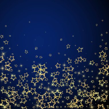 Parıldayan yıldızlar rastgele dağılmış, uçuyor, düşüyor, yüzüyor. Noel kutlaması kavramı. Koyu mavi arkaplanda kutlama yıldızları vektör illüstrasyonu.