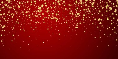 Sihirli yıldızlar vektör kaplaması. Altın yıldızlar rasgele etrafa saçılmış, düşüyor, yüzüyor. Kaotik rüya gibi çocuksu bir şablon. Kırmızı arkaplanda mucizevi yıldızlı gece vektörü.