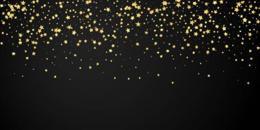 Sihirli yıldızlar vektör kaplaması. Altın yıldızlar rasgele etrafa saçılmış, düşüyor, yüzüyor. Kaotik rüya gibi çocuksu bir şablon. Siyah arkaplanda vektör peri masalı.