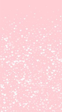 Sevgililer günü kalpleri, uçmak, düşmek, süzülmek. Beyaz kalpler pembe arka plana saçılmış. Sevimli sevgililer günü vektör illüstrasyonu.