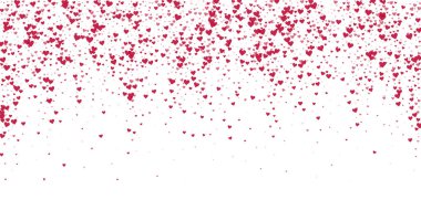 Düşen kalpler sevgililer günü kartı şablonu. Kırmızı kalpler beyaz arka plana saçılmış. Kaotik düşen kalpler vektör illüstrasyonu.