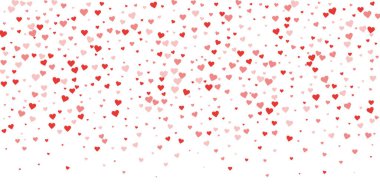 Düşen kalpler sevgililer günü kartı şablonu. Kırmızı kalpler beyaz arka plana saçılmış. Kaotik düşen kalpler vektör illüstrasyonu.