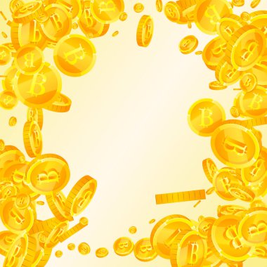Bitcoin coins falling. Cryptocurrency scattered gold BTC coins. Internet currency. Great business success concept. Square vector illustration.