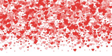 Sevgililer günü kalpleri, uçmak, düşmek, süzülmek. Kırmızı kalpler beyaz arka plana saçılmış. Sevimli sevgililer günü vektör illüstrasyonu.