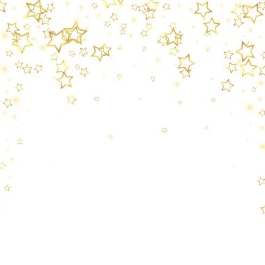 Parıldayan yıldızlar rastgele dağılmış, uçuyor, düşüyor, yüzüyor. Noel kutlaması kavramı. Beyaz arkaplanda şenlikli yıldız vektör çizimi.