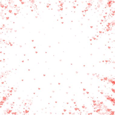 Düşen kalpler sevgililer günü kartı şablonu. Kırmızı kalpler beyaz arka plana saçılmış. Kaotik düşen kalpler vektör illüstrasyonu.