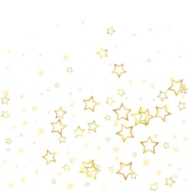 Parıldayan yıldızlar rastgele dağılmış, uçuyor, düşüyor, yüzüyor. Noel kutlaması kavramı. Beyaz arkaplanda şenlikli yıldız vektör çizimi.